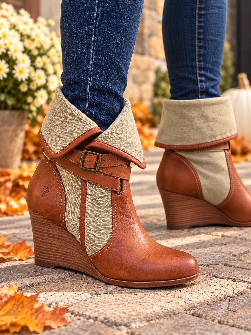 Frye Corby Strappy Wedge Boots 8M Cognac Leather Canvas Fold Over Buckle